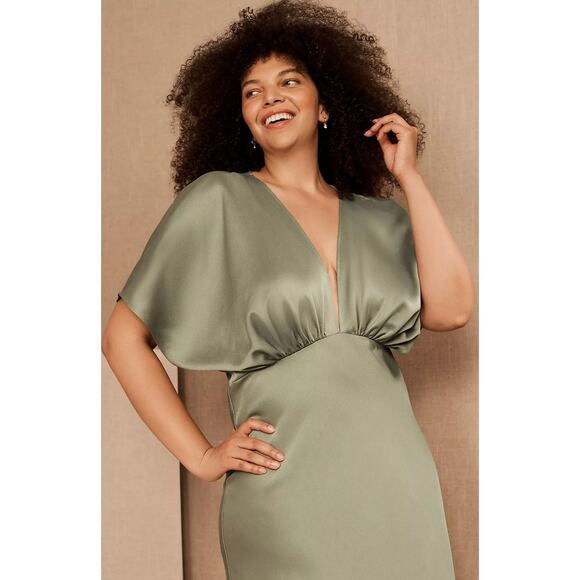 Anthropologie BHLDN Leila Deep-V Flutter-Sleeve Satin A-Line Gown 18W Moss - Picture 4 of 4